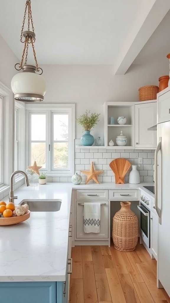 A bright kitchen with coastal decor, featuring white cabinets, wooden flooring, and decorative items like starfish and a blue vase.