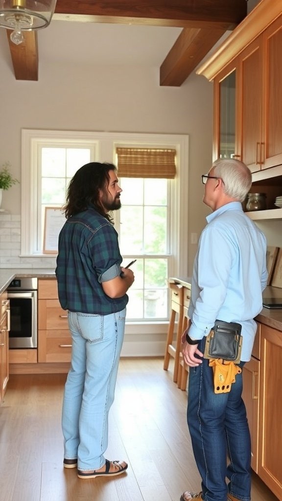Two men discussing kitchen cabinets in a bright kitchen setting
