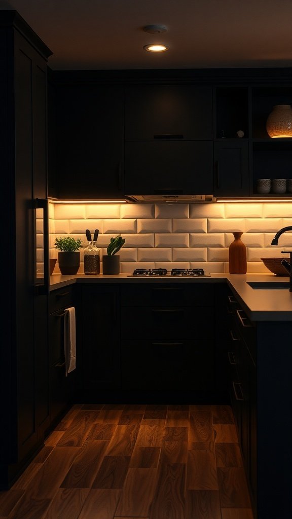 A cozy kitchen with black cabinets and warm lighting