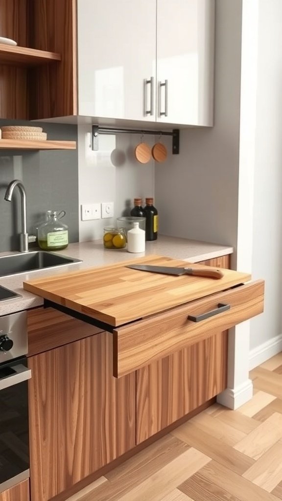 A pull-out cutting board in a modern kitchen with wooden cabinetry.
