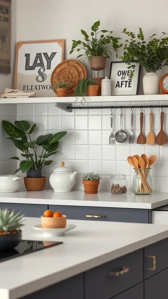 A modern kitchen countertop with plants, artwork, and kitchen utensils.