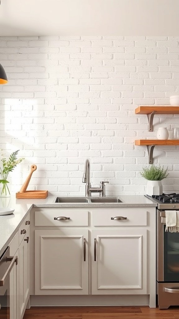 A kitchen with a whitewashed brick backsplash, white cabinets, and wooden shelves.