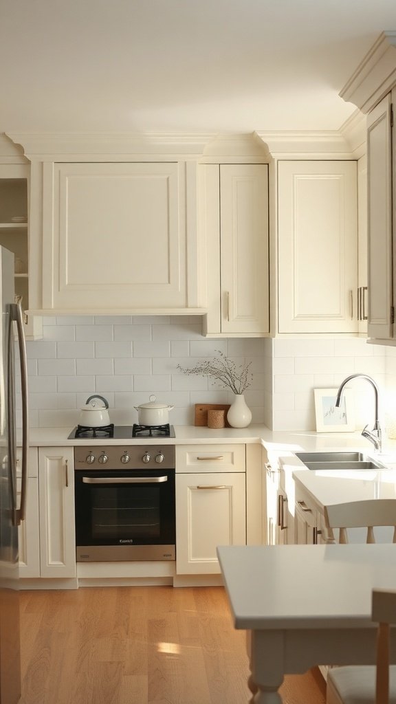 A bright kitchen featuring soft ivory cabinets, white subway tiles, and warm wooden floors.