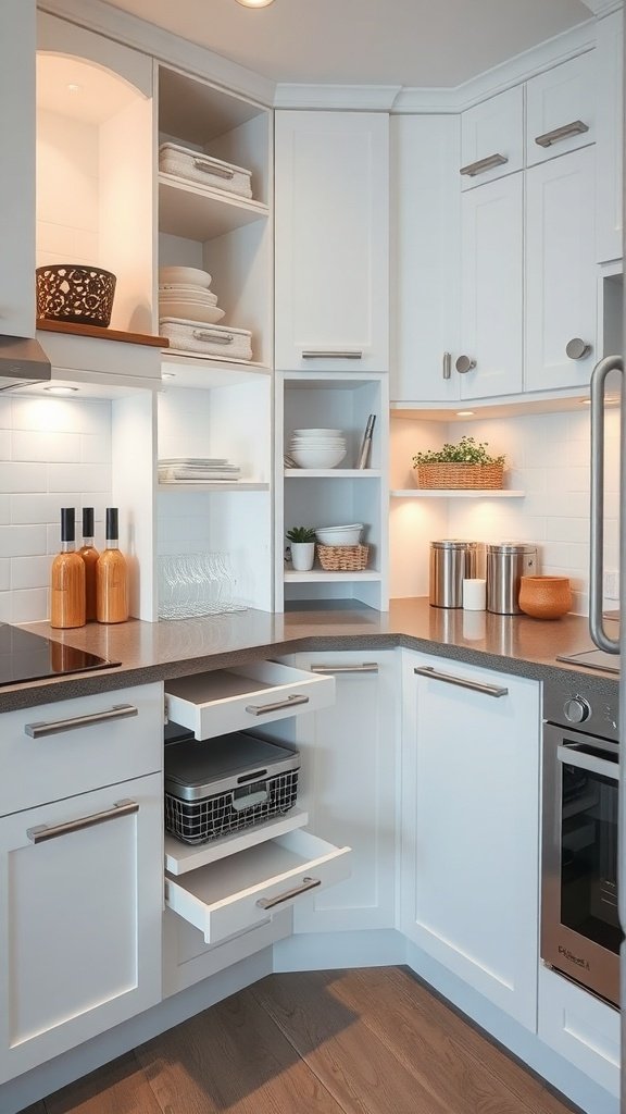 A modern kitchen with smart storage solutions, featuring white cabinetry, open shelves, and pull-out drawers.