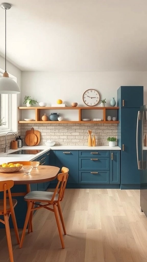 A mid-century modern kitchen featuring blue cabinetry, wooden accents, and a round table with lemons.