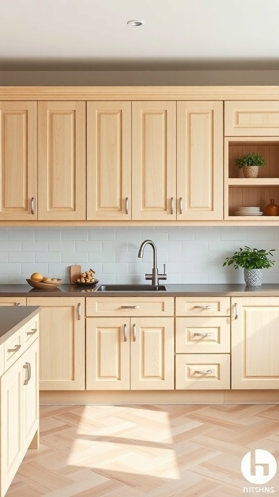 A bright kitchen featuring white oak cabinets, a modern sink, and a light-colored backsplash.