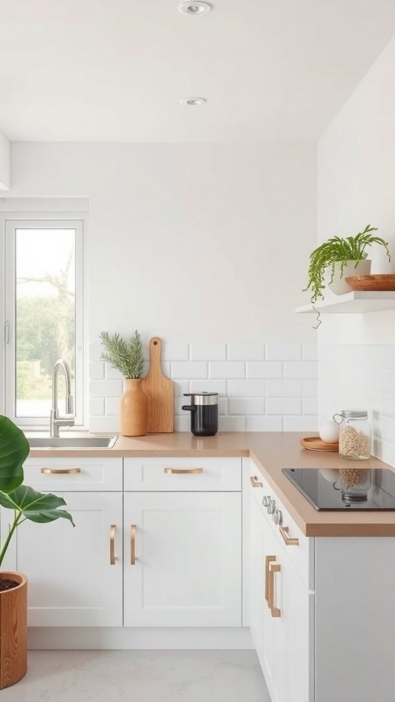 A simple and modern small kitchen with white cabinets, light wood countertops, and natural elements.