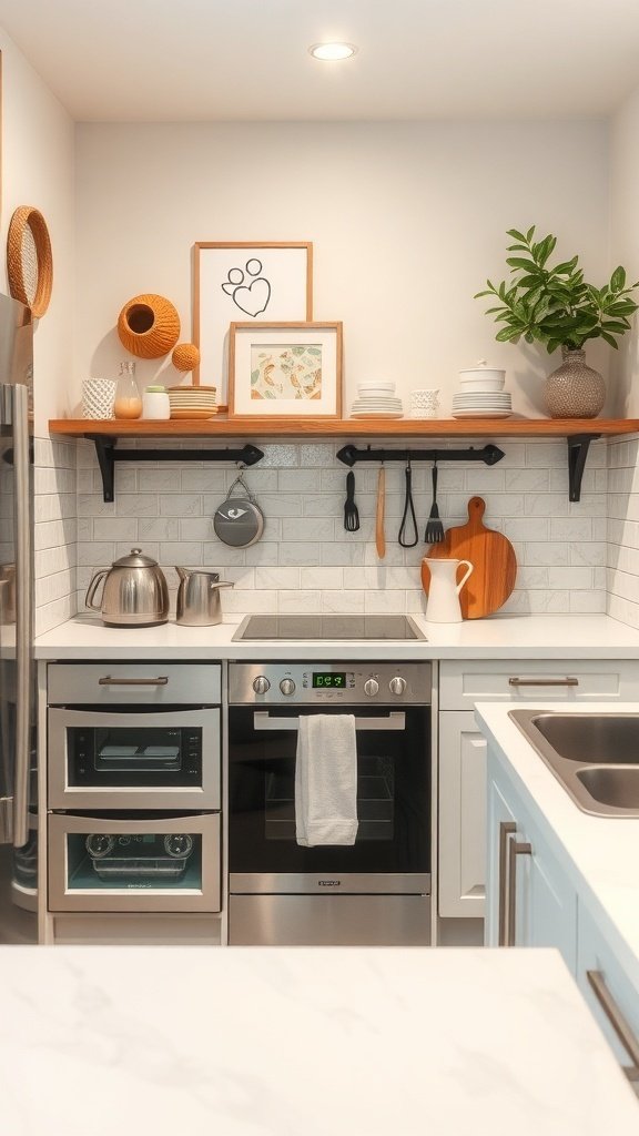 A compact kitchen featuring stainless steel appliances, open shelving with decor, and a potted plant.