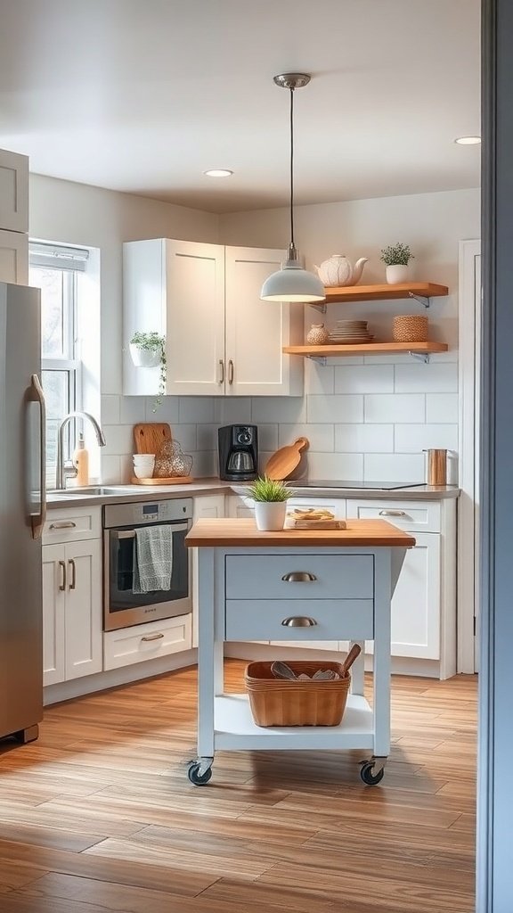 A small kitchen featuring a rolling island with a wooden top and storage, surrounded by white cabinets and warm wood flooring.