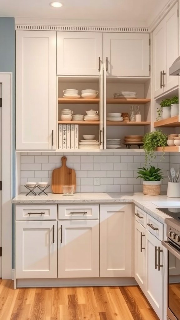 A corner kitchen cabinet with open shelving displaying dishes and plants, showcasing effective use of space.