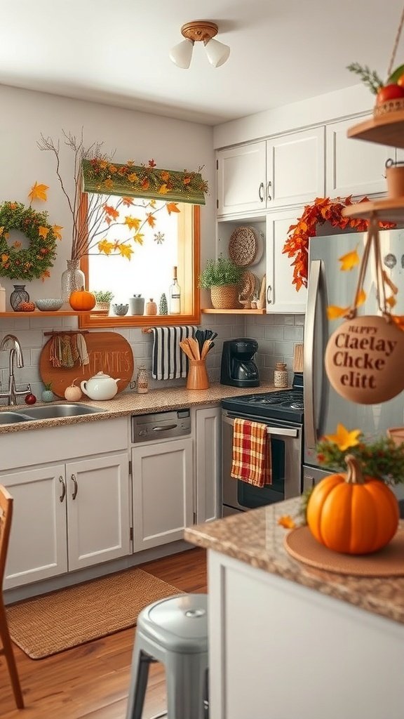 A cozy kitchen decorated for autumn with pumpkins and colorful leaves.