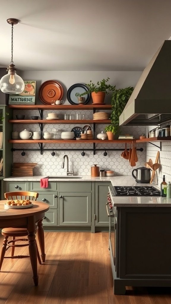 A cozy kitchen featuring a mix of vintage and modern design elements, with green cabinets, open shelving, and warm wood tones.