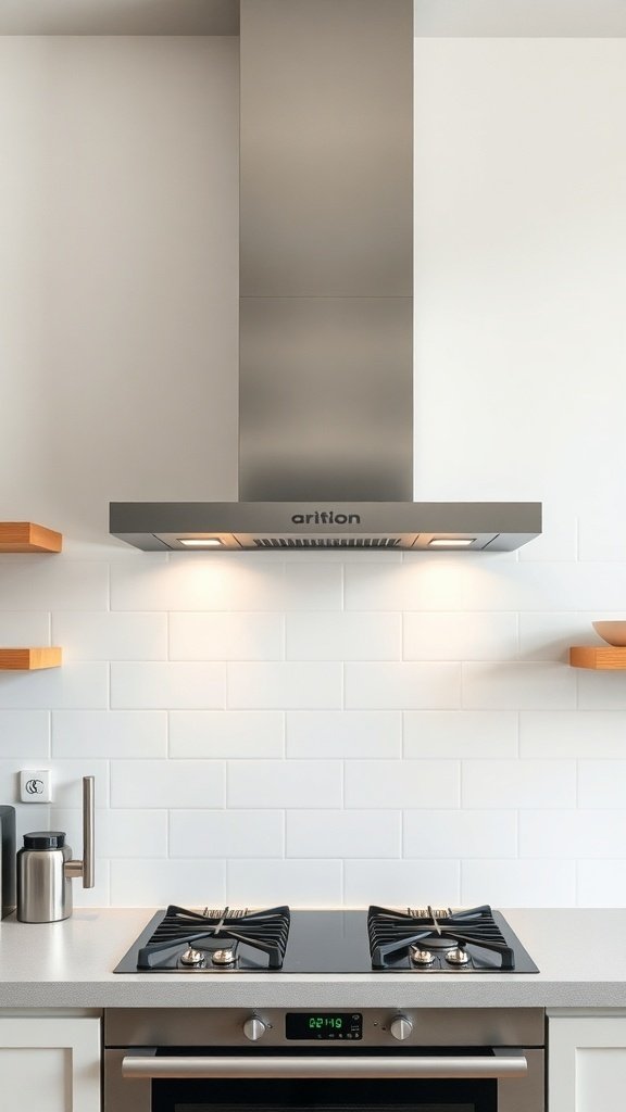 A modern cooking range with a stylish ventilation hood in a bright kitchen.
