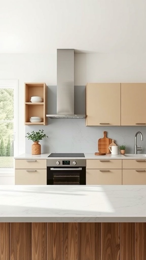 A modern kitchen featuring two-tone cabinets in beige and natural wood, with a sleek countertop and stylish appliances.