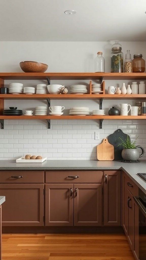 A modern kitchen with open shelving displaying plates, bowls, and jars against a white wall.