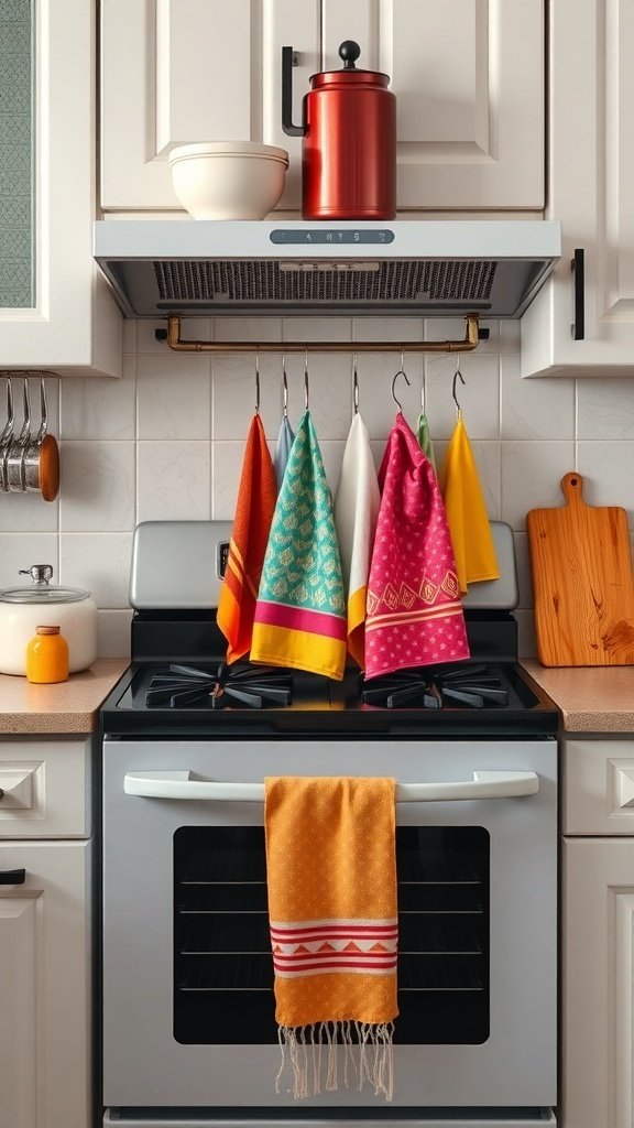 Colorful kitchen towels hanging above a stove in a small kitchen