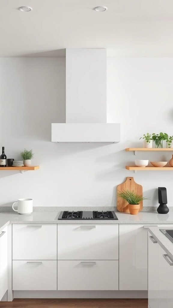 A modern kitchen featuring a white range hood, open shelves, and a clean countertop.