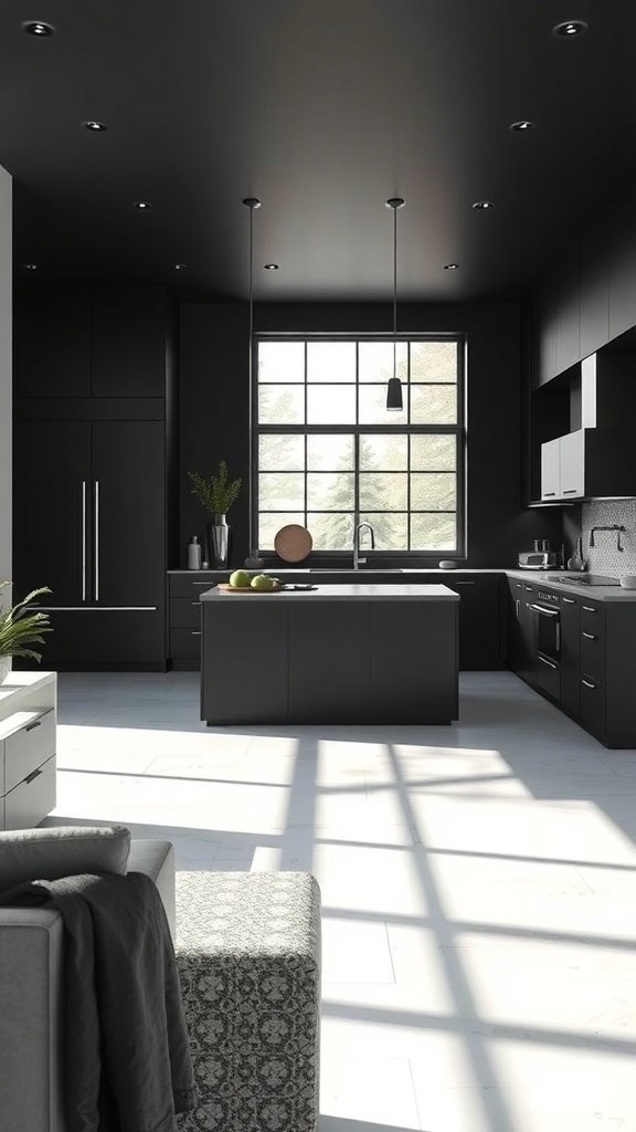 Modern kitchen with black cabinets and a large window, featuring an island and light flooring.