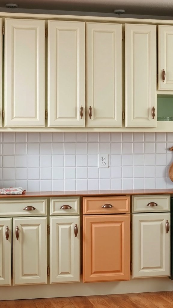 Vintage-style kitchen cabinets in cream and muted orange with bronze handles.