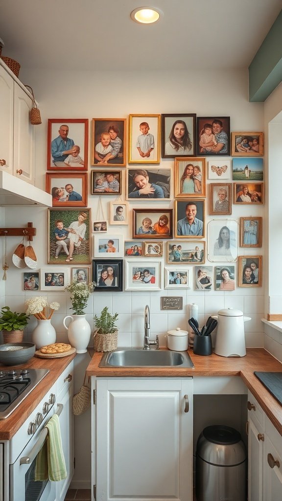 A cozy kitchen featuring a gallery wall filled with framed family photos.