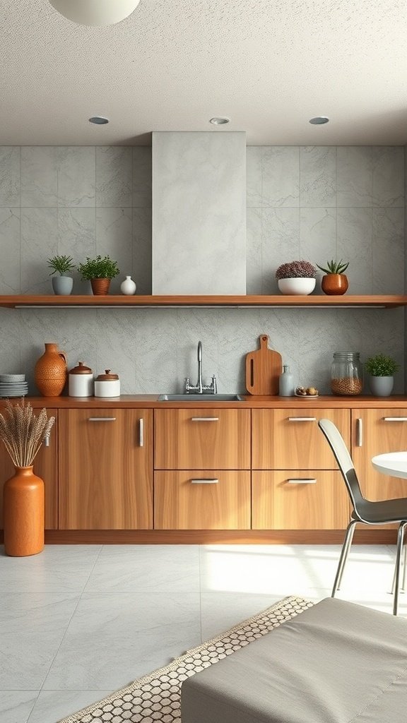 A modern kitchen featuring wooden cabinets, gray stone backsplash, and decorative items.