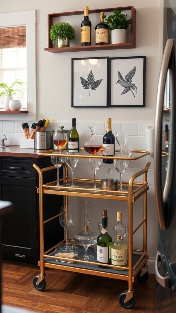 Stylish gold bar cart with drinks and glassware in a small kitchen setting