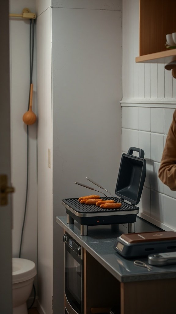 A compact tabletop grill with sausages cooking on it in a small kitchen.