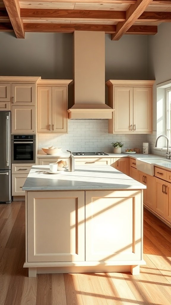 A modern kitchen with light-colored cabinets and a central island, featuring a sleek countertop and wooden ceiling beams.