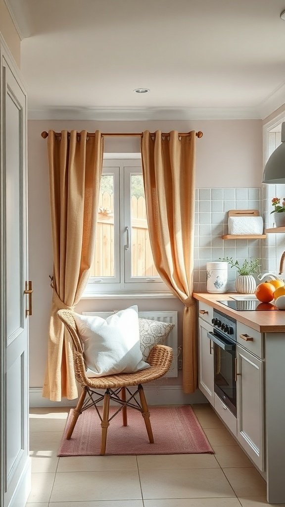 A cozy kitchen with warm curtains, a comfortable chair, and a pink rug.