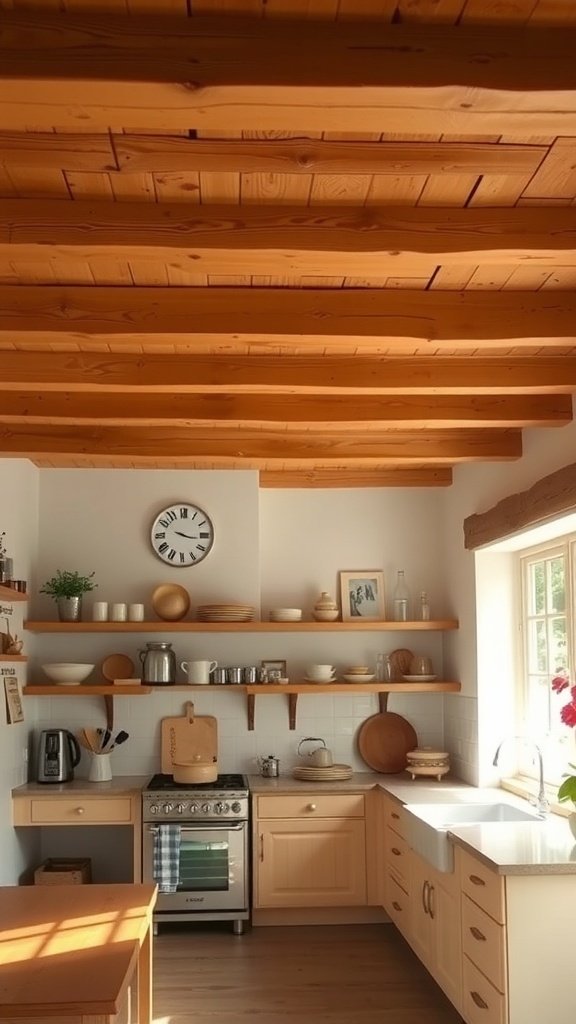 A cozy cottage kitchen featuring warm wooden beams on the ceiling, light-colored cabinets, and open shelving.