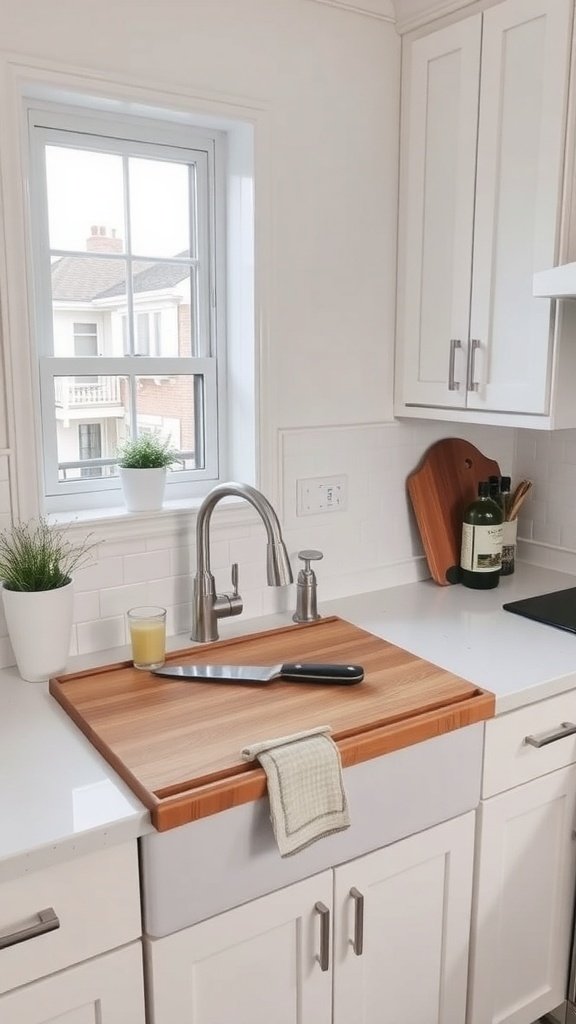 A wooden cutting board placed over a sink in a modern kitchen with white cabinets and a small plant.