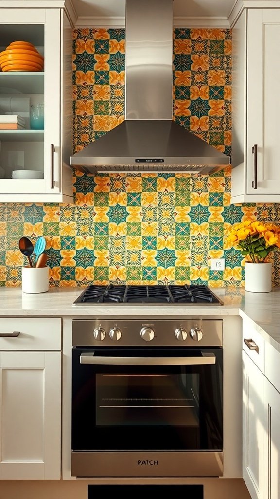 A colorful kitchen backsplash featuring bright yellow, green, and blue patterns behind a stove.