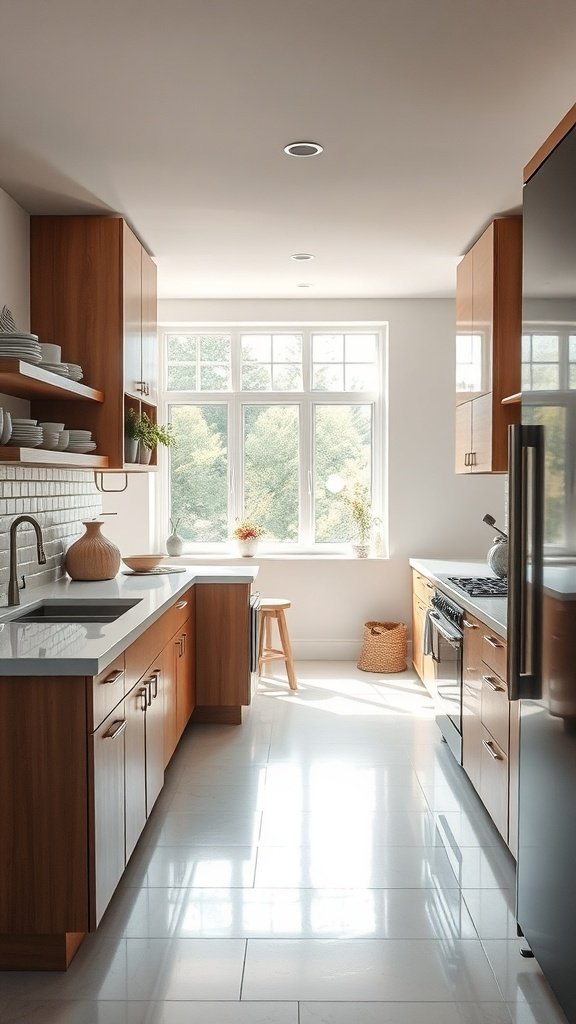 A modern kitchen with wooden cabinets, a white countertop, and large windows allowing natural light.