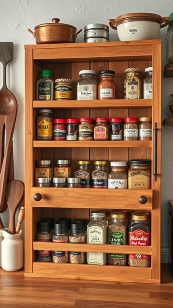 A wooden spice rack filled with various spice jars and decorative kitchen items.