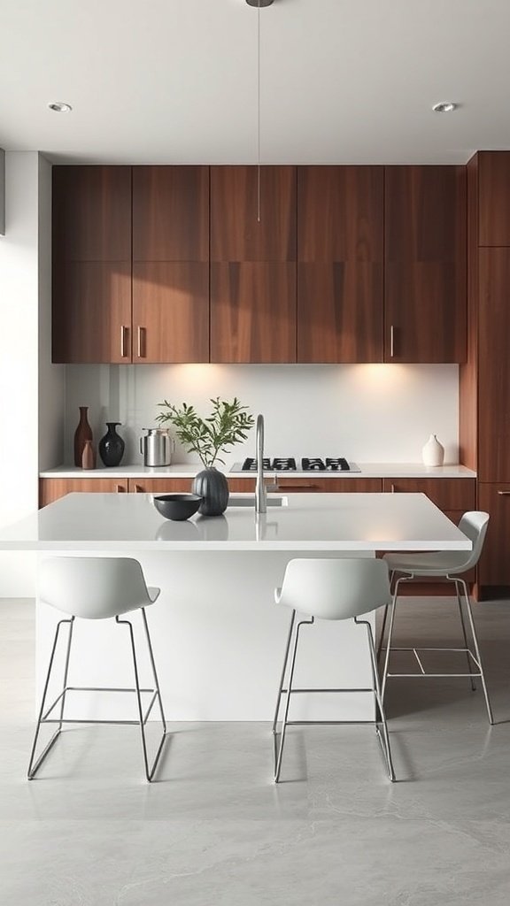 A modern kitchen featuring white barstools and wooden cabinets.