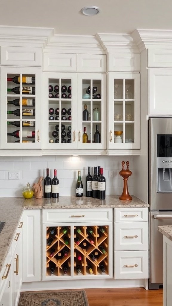 A stylish kitchen with sophisticated wine storage solutions, featuring glass cabinets and a wooden wine rack.