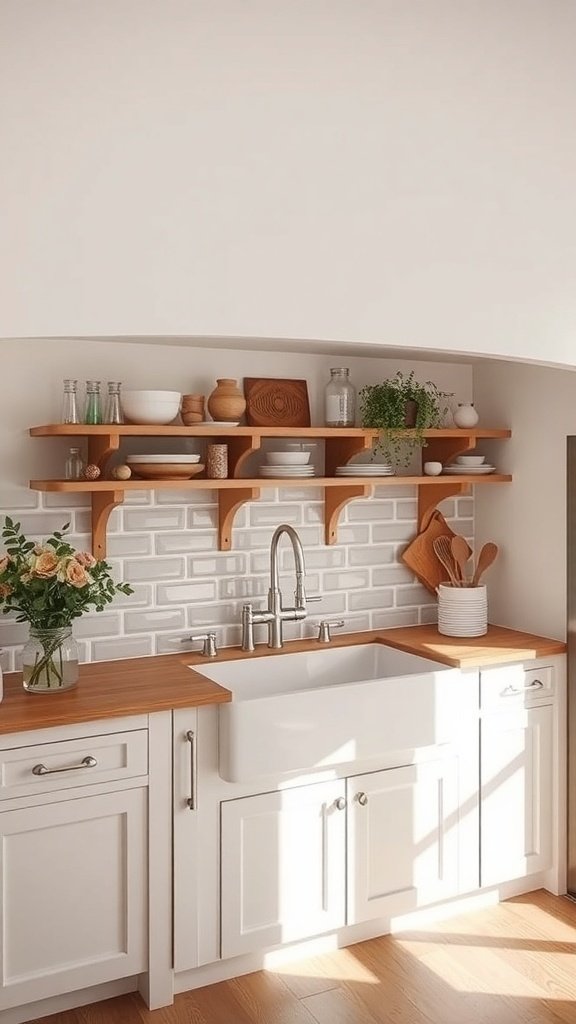 A kitchen featuring a white farmhouse sink, wooden shelves, and a warm color palette.