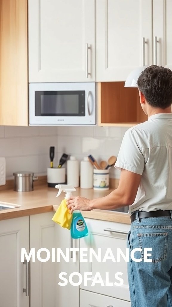 A person cleaning kitchen cabinets with a spray bottle and cloth.