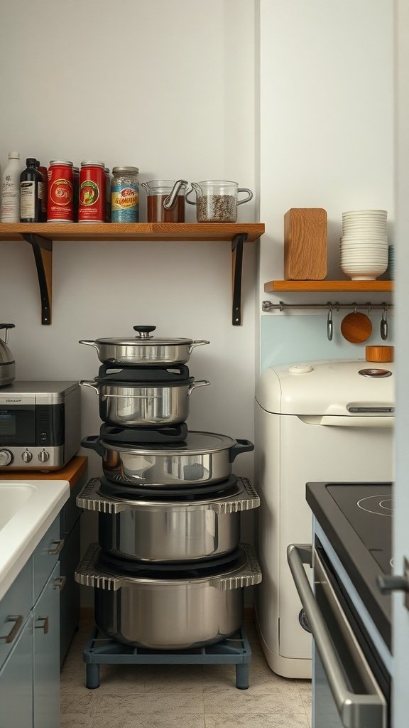 A small kitchen with stacked cookware and organized shelves.