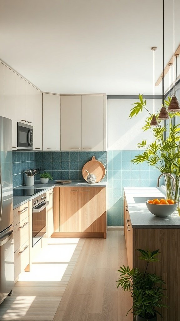 A modern kitchen featuring wooden cabinets, blue tiles, and plants, showcasing eco-friendly design.