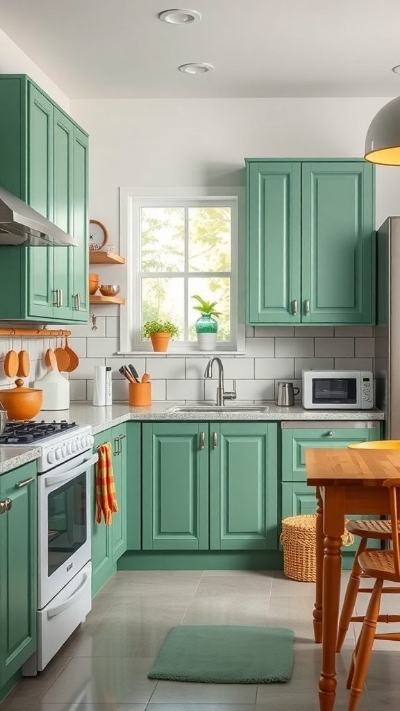 A cozy kitchen featuring soft green cabinets, a wooden table, and plants by the window.