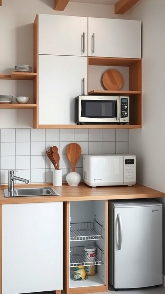 A compact kitchen featuring a microwave, mini fridge, and organized shelves.