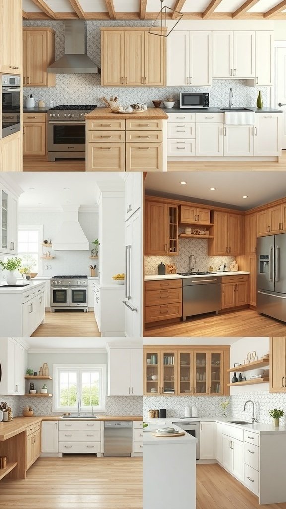 Various kitchen designs featuring white oak cabinets, showcasing their versatility in style.