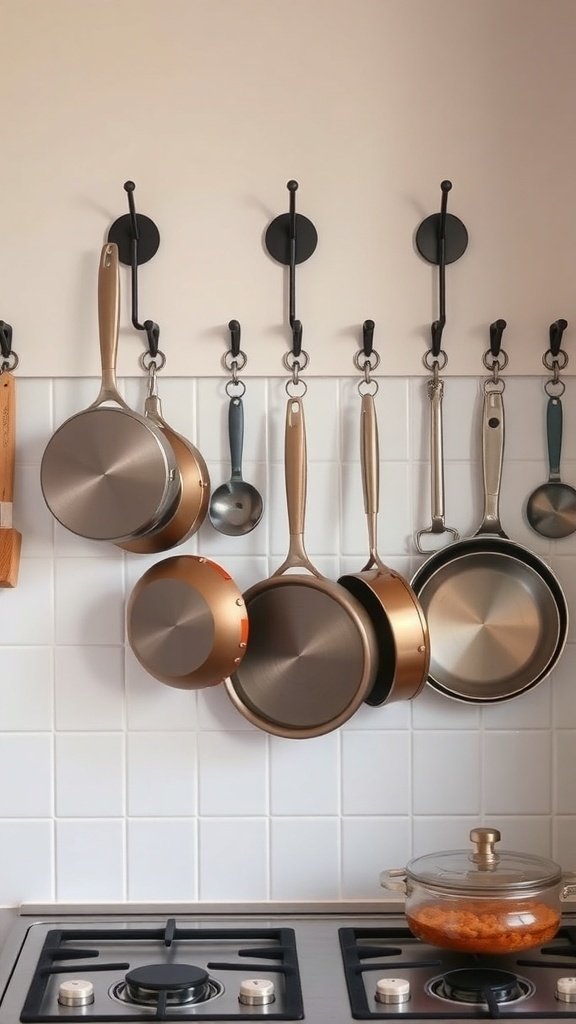 Hanging pots and pans on black hooks in a small kitchen
