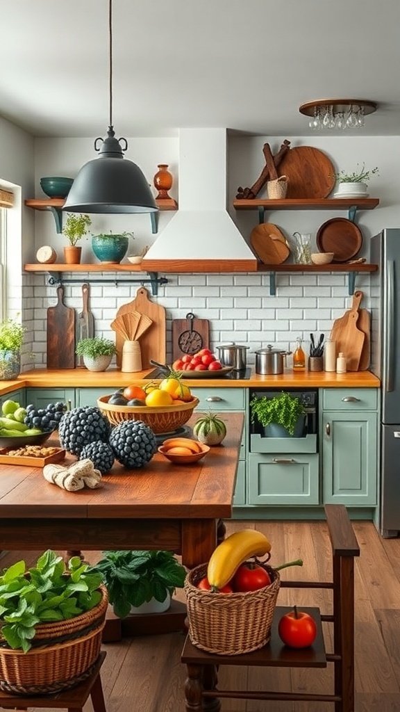 A cozy kitchen with fresh produce, wooden shelves, and a warm atmosphere.