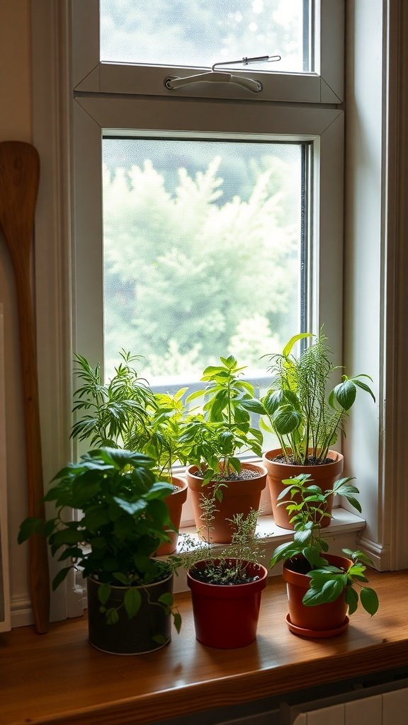 A collection of potted herbs on a kitchen windowsill, showcasing various green plants in terracotta pots.