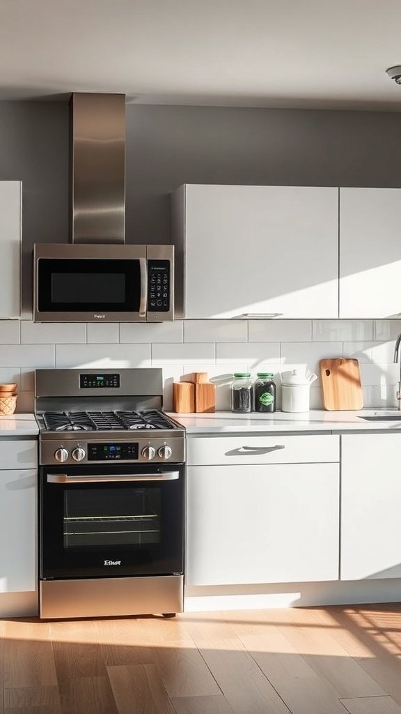A modern kitchen featuring energy-efficient appliances, including a stainless steel stove and microwave.