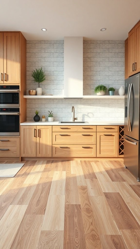 A modern kitchen featuring wooden cabinets and a mix of light and dark wood flooring.