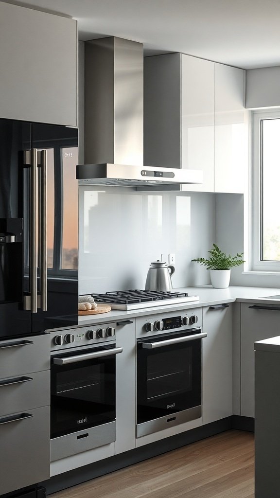 A modern kitchen featuring dual ovens, a sleek stovetop, and a stylish black refrigerator.