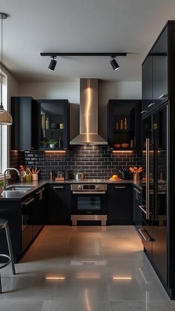 A modern kitchen featuring black cabinets, a stainless steel stove, and stylish lighting.